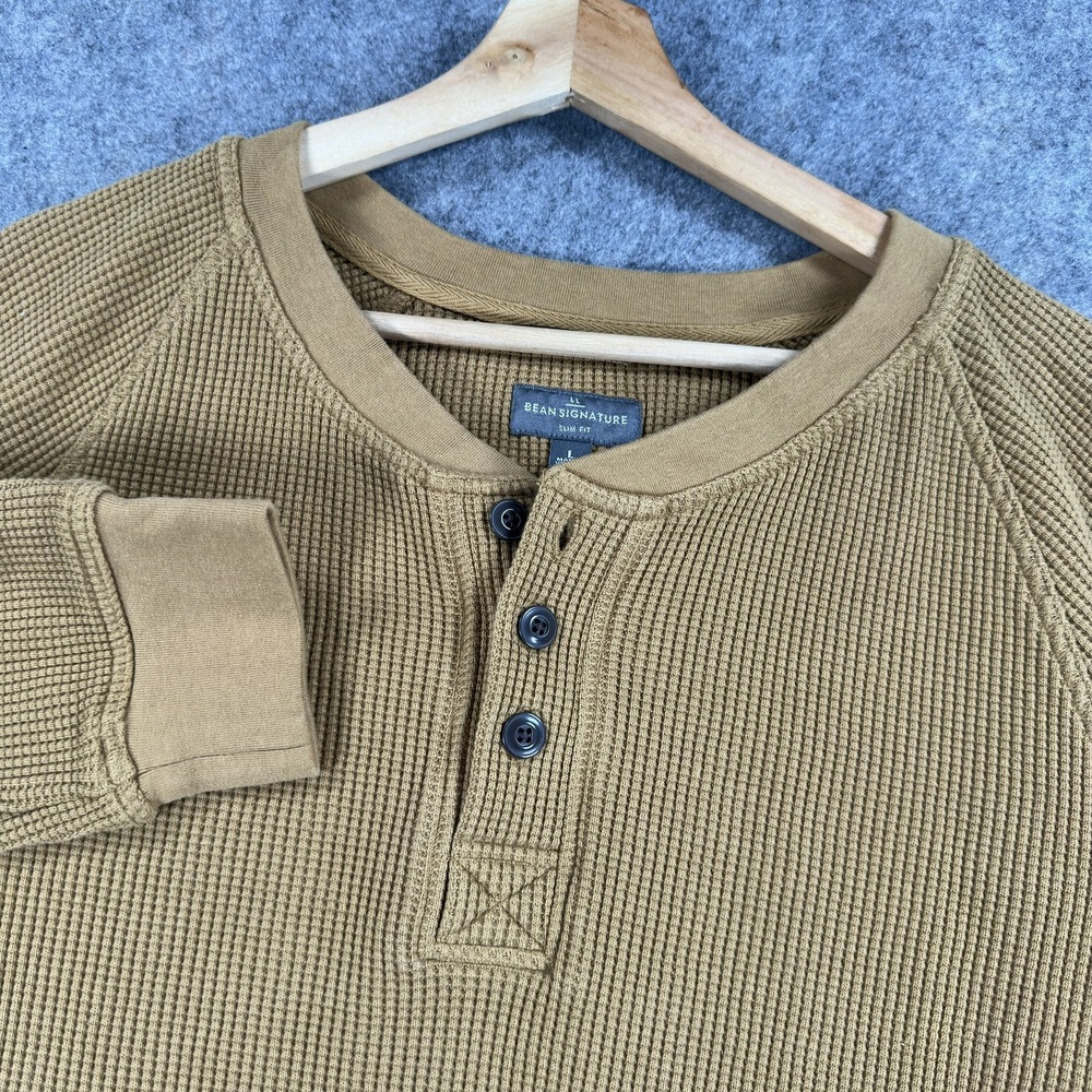 LL Bean Signature Waffle Knit Henley Shirt Mens Large Brown Long Sleeve Thermal